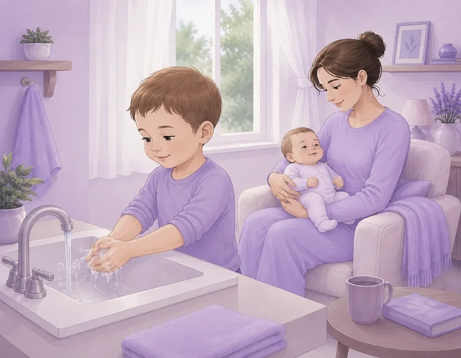 Otthoni jelenet kézmosással, nyitott ablakkal és biztonságban pihenő kisbabával.