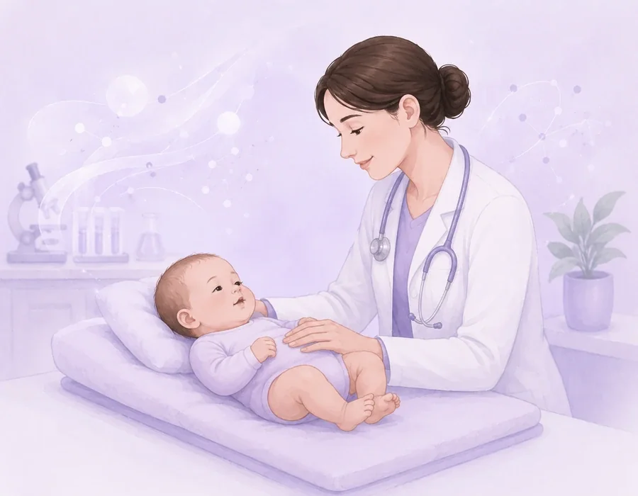 Édesanya kisbabával neonatológussal beszélget nyugodt egészségügyi környezetben.