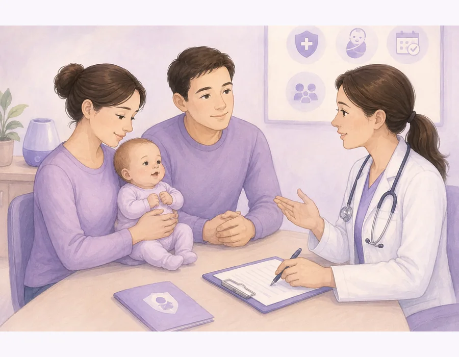 Édesanya babával és édesapa ül egy asztalnál, velük szemben sztetoszkópot viselő doktornő beszél.