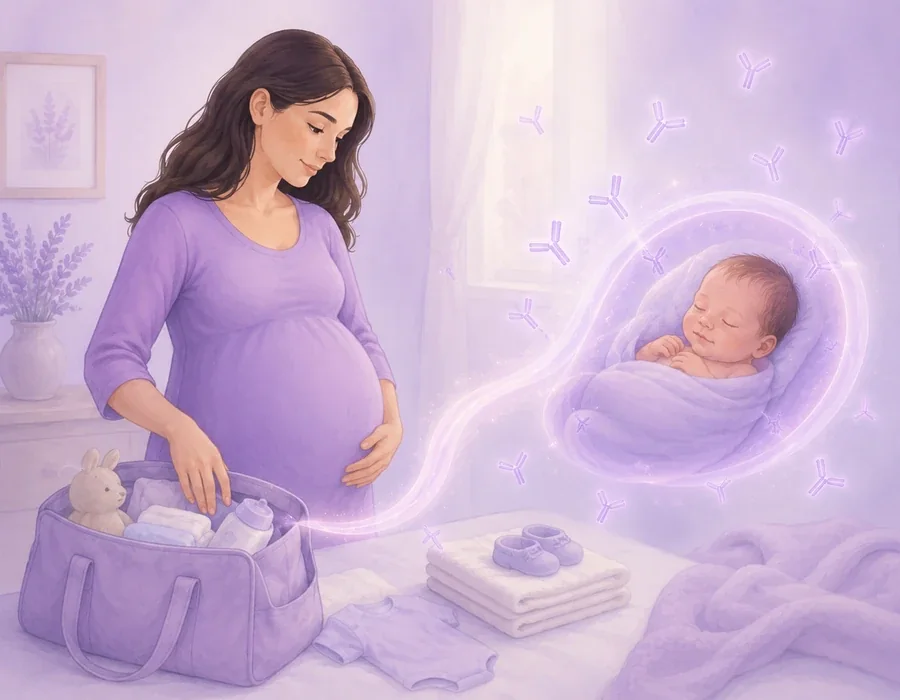 Késői várandósságban lévő nő babaholmikat készít elő, mellette finom fényívben kisbaba és ellenanyag-motívumok jelennek meg.