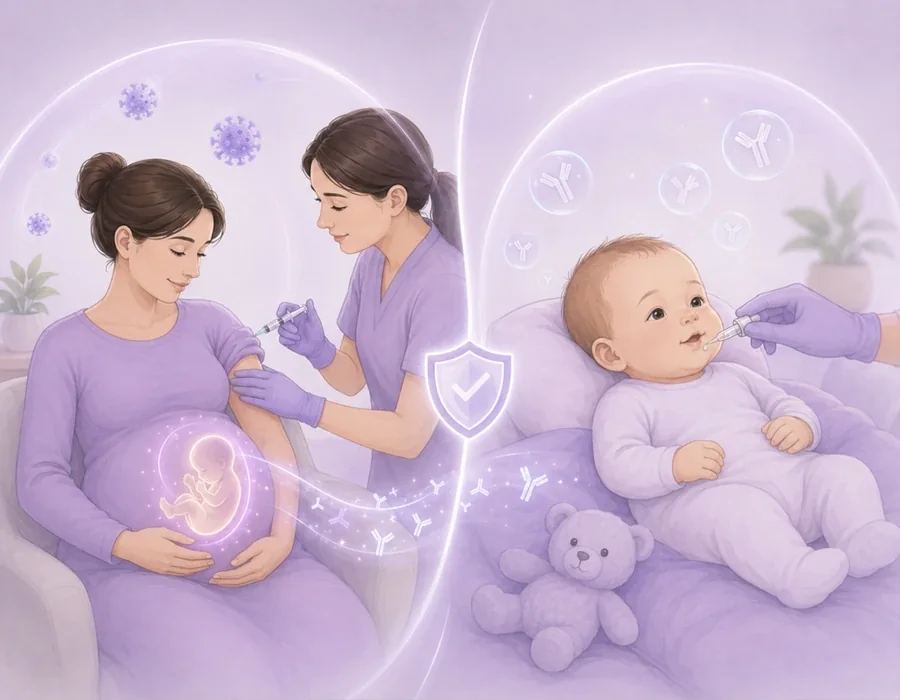 Kétoldalas illusztráció: bal oldalon várandós nő vakcináció közben, jobb oldalon kisbaba védő ellenanyagokkal körülvéve.