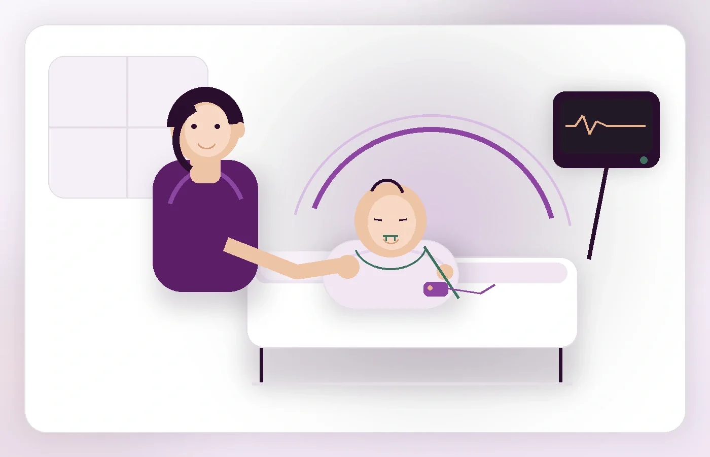 Szülő a kórházi ágyban fekvő csecsemő mellett, a baba orrkanült és pulzoximétert visel, háttérben monitor látható.